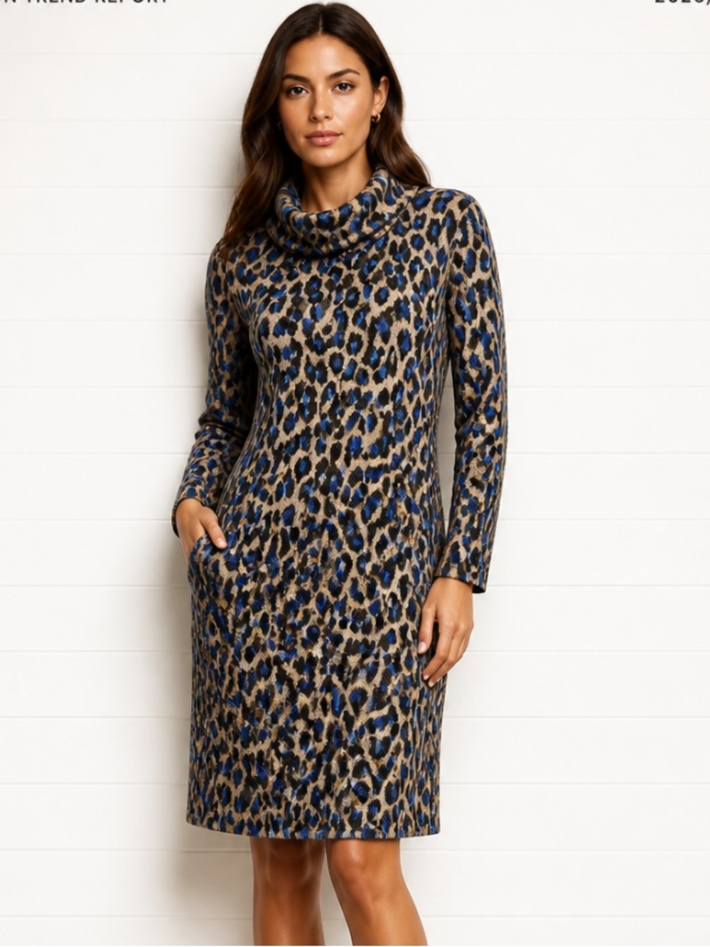 TYLER BOE Dress Kim Knit Cowl Mock Pockets Animal Leopard Brown Blue Shift